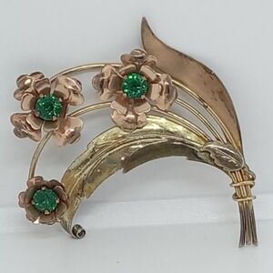 * vintage signed Harry Iskin 10k Gold Fill flowers green stones pin brooch